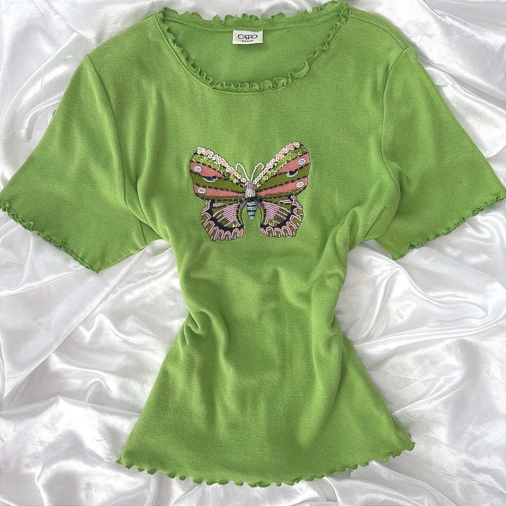 Cato Woman Green Butterfly Sequin Beaded Lettuce Edge Short Sleeve Top L